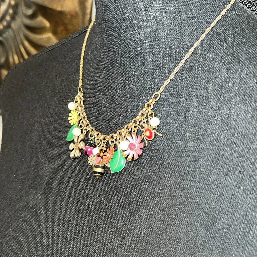 Betsey Johnson Women’s Garden Party Rhinestone Charm Necklace Flower Ladybug - Picture 11 of 15